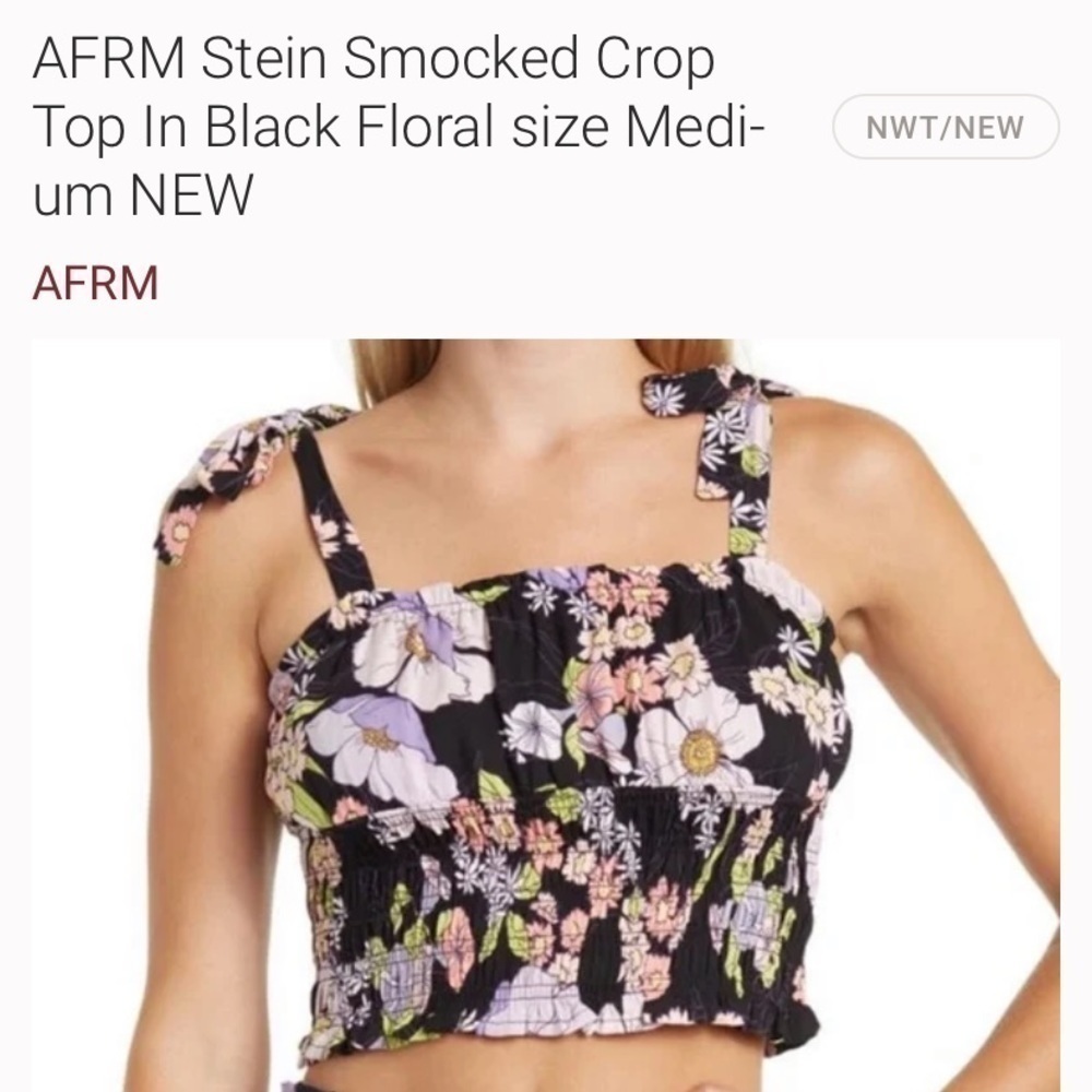 NWT AFRM Stein Smocked Crop Top Noir Summer Black Floral